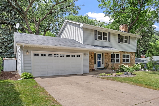1762 Canyon Ln, New Brighton, MN 55112 - traditional home featuring a chimney, an attached garage, concrete driveway, and brick siding