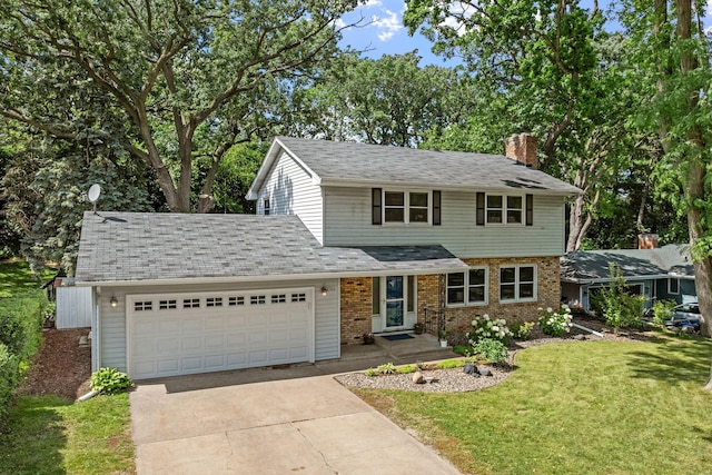 1762 Canyon Ln, New Brighton, MN 55112 - traditional-style house with an attached garage, driveway, a chimney, a front yard, and brick siding