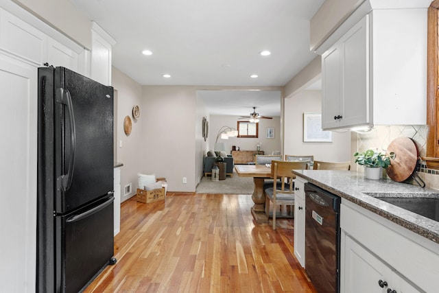 1762 Canyon Ln, New Brighton, MN 55112 - kitchen featuring black appliances, white cabinets, light wood-style flooring, ceiling fan, and recessed lighting