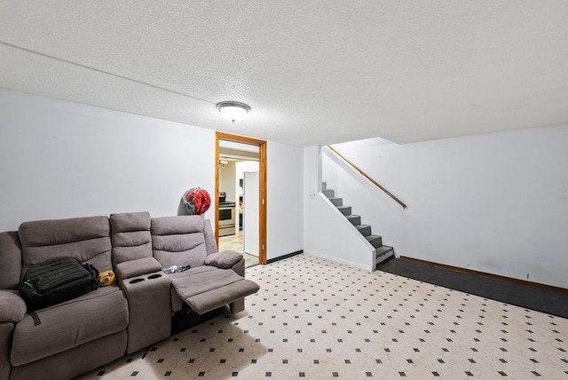 2813 Ohenry Rd, Brooklyn Center, MN 55430 - living room with stairway, carpet floors, and a textured ceiling