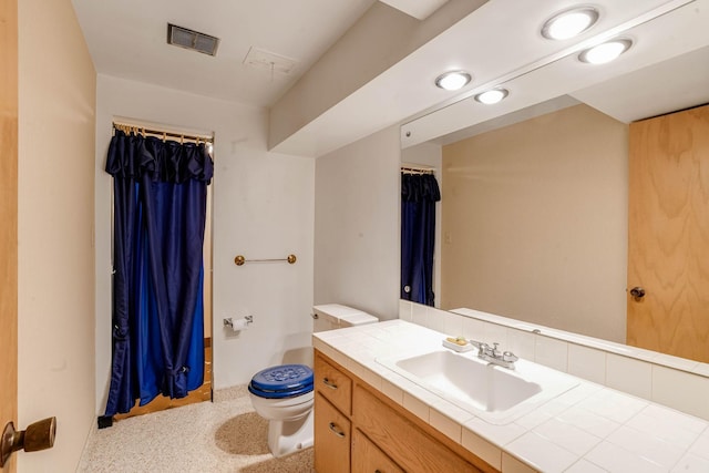 3330 Belden Dr NE, Saint Anthony, MN 55418 - bathroom with vanity, speckled floor, and curtained shower