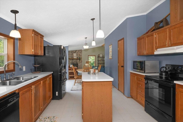 4179 W Tischer Rd, Rice Lake, MN 55803 - kitchen with black appliances, a kitchen island, plenty of natural light, light countertops, and crown molding