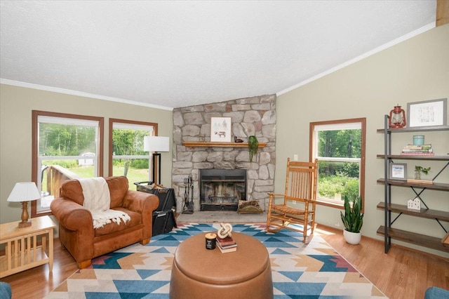 4179 W Tischer Rd, Rice Lake, MN 55803 - living room with wood finished floors, a stone fireplace, lofted ceiling, and crown molding