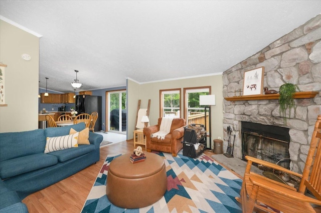 4179 W Tischer Rd, Rice Lake, MN 55803 - living room with light wood-style flooring, a fireplace, a textured ceiling, and crown molding