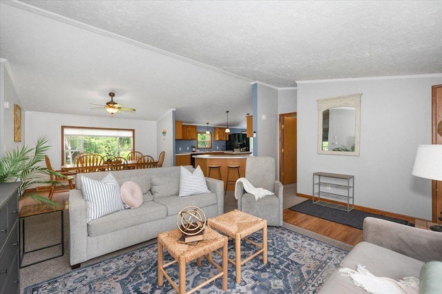 4179 W Tischer Rd, Rice Lake, MN 55803 - living room with light wood-type flooring, ceiling fan, a textured ceiling, vaulted ceiling, and crown molding
