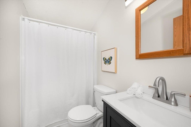 4179 W Tischer Rd, Rice Lake, MN 55803 - bathroom with vanity, a shower with shower curtain, and lofted ceiling
