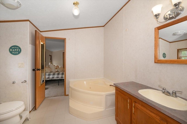 4179 W Tischer Rd, Rice Lake, MN 55803 - ensuite bathroom with a garden tub, crown molding, vanity, a textured ceiling, and tile patterned flooring