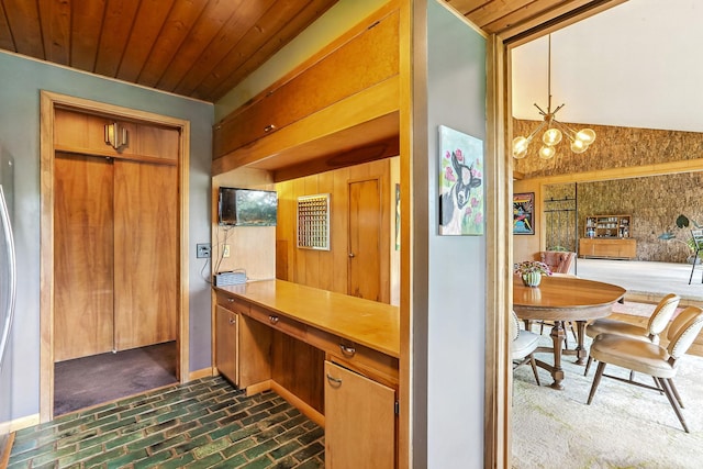 789 Viking Dr E, Little Canada, MN 55117 - kitchen with brick floors, a chandelier, wood ceiling, and light countertops