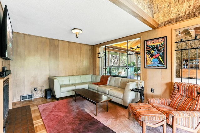 789 Viking Dr E, Little Canada, MN 55117 - living room with beamed ceiling and wooden walls