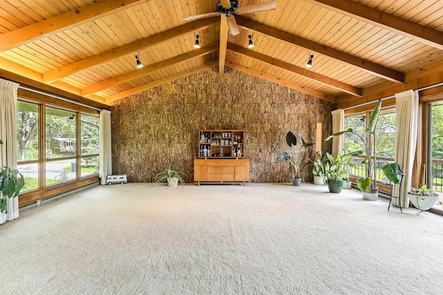 789 Viking Dr E, Little Canada, MN 55117 - unfurnished living room featuring carpet flooring, wooden ceiling, and ceiling fan
