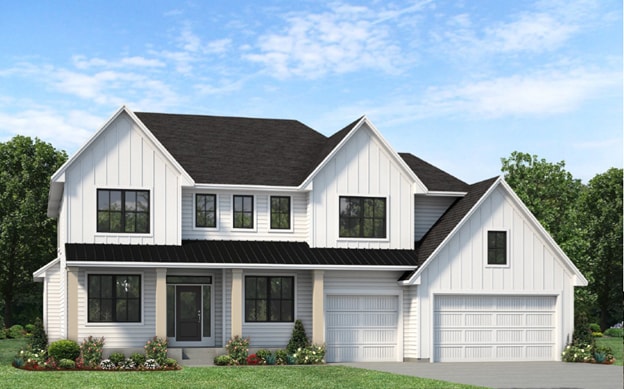 10226 Peony N, Maple Grove, MN 55311 - modern farmhouse with board and batten siding, a garage, a front lawn, and driveway