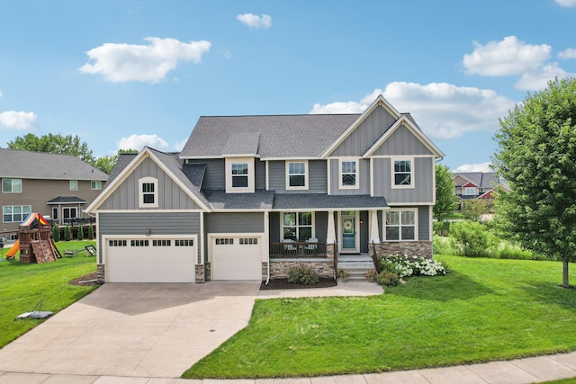 6287 Fountain Ln N, Maple Grove, MN 55311 - craftsman inspired home with board and batten siding, covered porch, driveway, stone siding, and a shingled roof