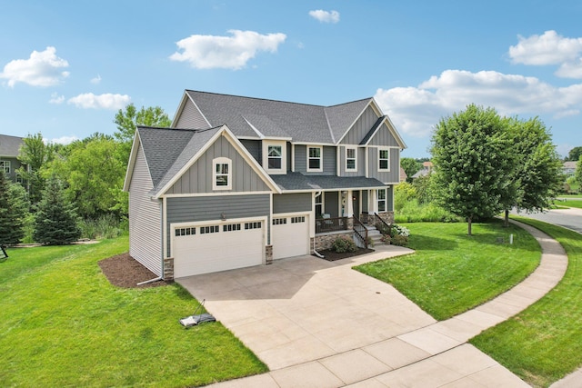 6287 Fountain Ln N, Maple Grove, MN 55311 - craftsman house featuring board and batten siding, covered porch, driveway, stone siding, and a shingled roof