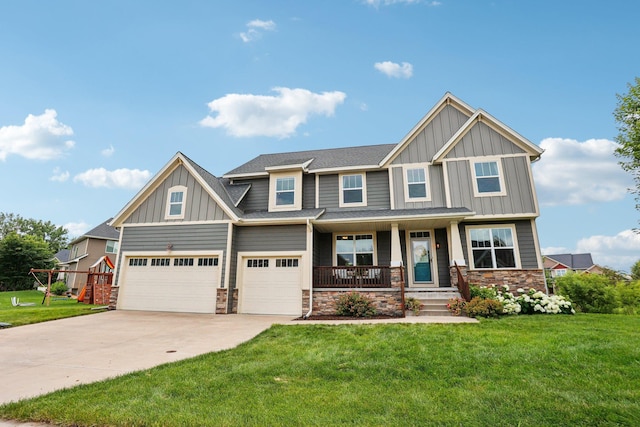 6287 Fountain Ln N, Maple Grove, MN 55311 - craftsman-style home featuring board and batten siding, covered porch, driveway, and a front yard