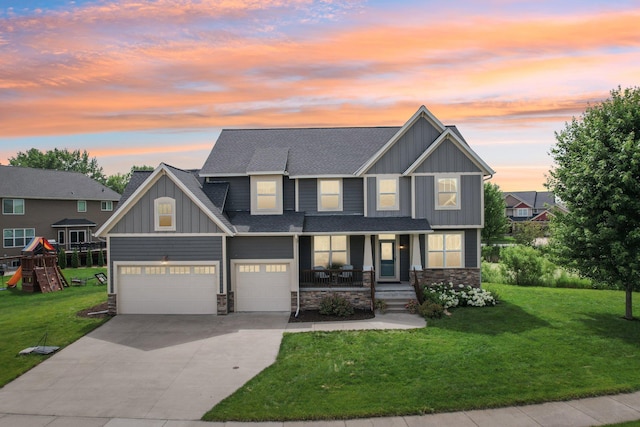 6287 Fountain Ln N, Maple Grove, MN 55311 - craftsman-style house featuring board and batten siding, a porch, driveway, a shingled roof, and a lawn