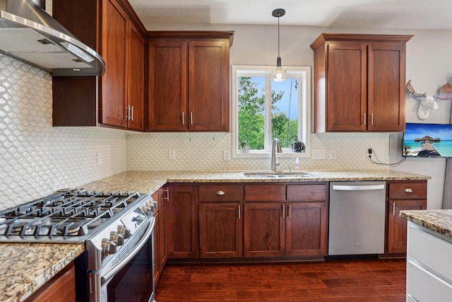 6287 Fountain Ln N, Maple Grove, MN 55311 - kitchen featuring appliances with stainless steel finishes, extractor fan, tasteful backsplash, and dark wood-style flooring