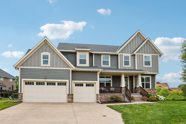 6287 Fountain Ln N, Maple Grove, MN 55311 - craftsman-style house with board and batten siding, concrete driveway, stone siding, and a porch