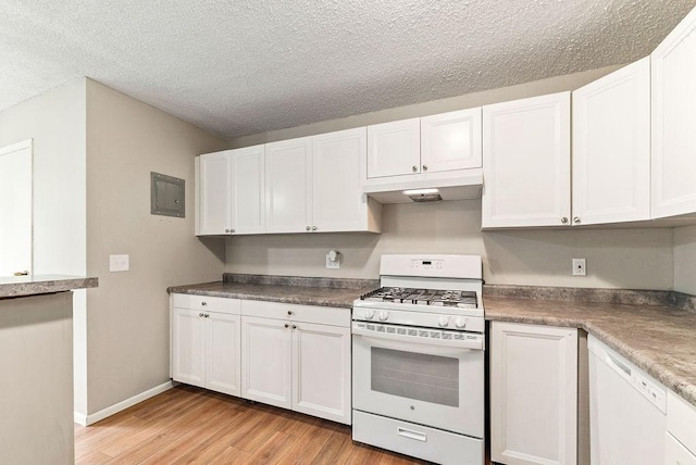 7248 72nd Ln N, Brooklyn Park, MN 55428 - kitchen with white appliances, under cabinet range hood, light wood finished floors, white cabinets, and a textured ceiling