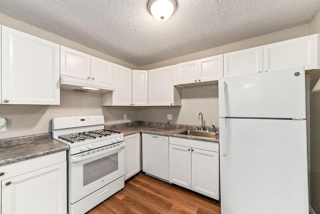 7248 72nd Ln N, Brooklyn Park, MN 55428 - kitchen featuring white appliances, under cabinet range hood, white cabinetry, a textured ceiling, and dark wood-type flooring