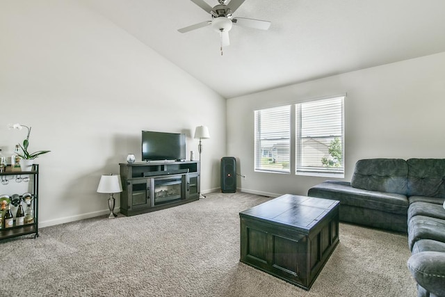 39604 Fallbrook Ave, North Branch, MN 55056 - carpeted living area featuring ceiling fan and high vaulted ceiling