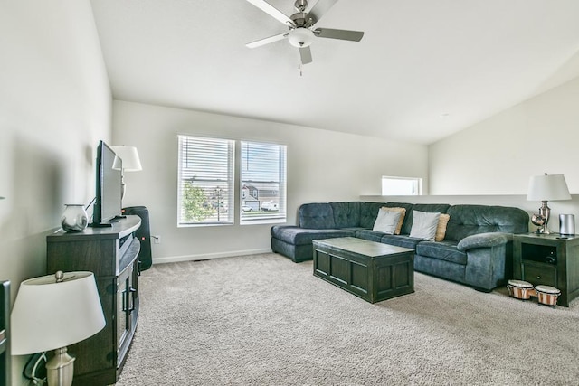 39604 Fallbrook Ave, North Branch, MN 55056 - carpeted living room featuring lofted ceiling, healthy amount of natural light, and ceiling fan