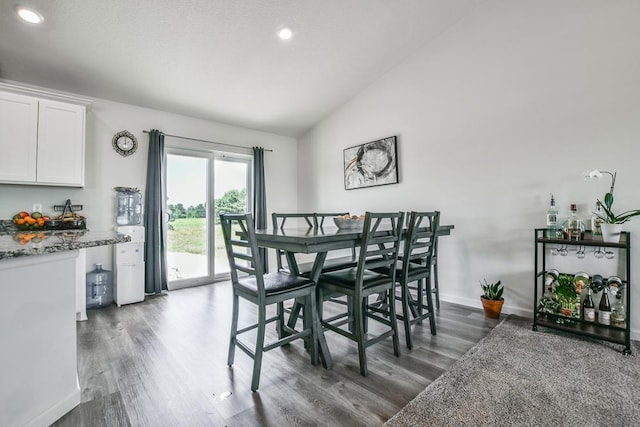 39604 Fallbrook Ave, North Branch, MN 55056 - dining area with vaulted ceiling, dark wood finished floors, and recessed lighting