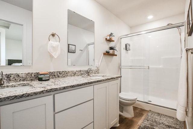 39604 Fallbrook Ave, North Branch, MN 55056 - bathroom featuring wood finished floors, a shower stall, and double vanity