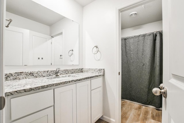 39604 Fallbrook Ave, North Branch, MN 55056 - bathroom with wood finished floors, vanity, and a shower with curtain