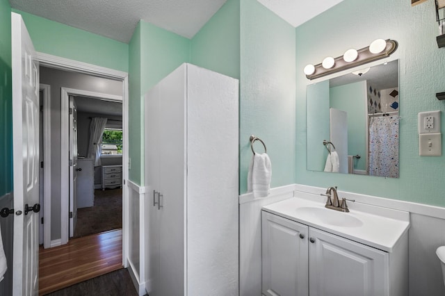 7635 165th Ave NE, Columbus, MN 55025 - bathroom featuring wood finished floors, vanity, curtained shower, and a textured ceiling