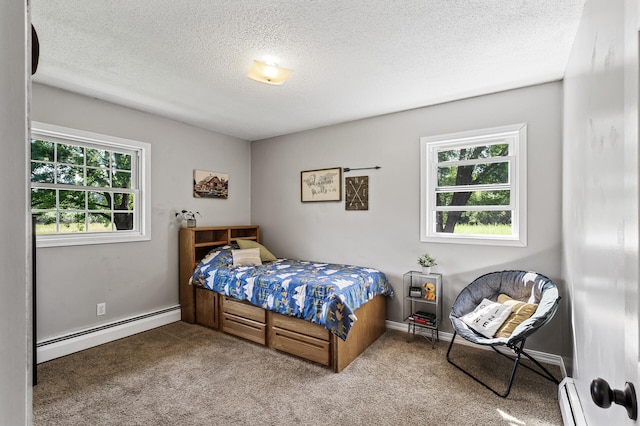 7635 165th Ave NE, Columbus, MN 55025 - bedroom with baseboard heating, multiple windows, a textured ceiling, carpet floors, and a baseboard radiator