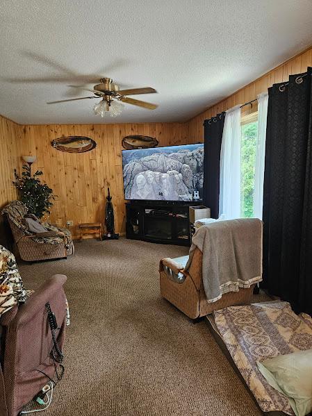 2742 State Highway 11 SE, Gudrid Twp, MN 56623 - carpeted living area featuring wood walls, a textured ceiling, and ceiling fan