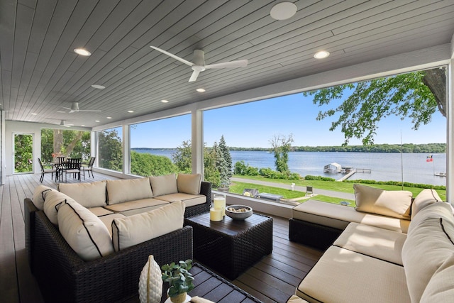 2462 Lafayette Rd, Minnetonka Beach, MN 55391 - wooden deck featuring an outdoor living space, ceiling fan, a water view, and outdoor dining area