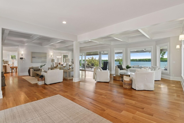 2462 Lafayette Rd, Minnetonka Beach, MN 55391 - living area with coffered ceiling, beam ceiling, healthy amount of natural light, light wood-style floors, and recessed lighting