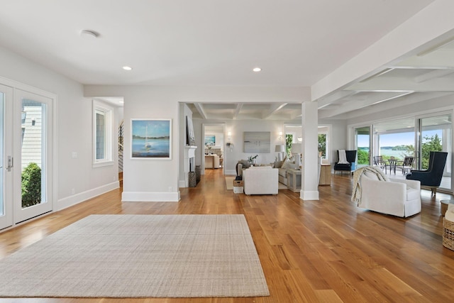 2462 Lafayette Rd, Minnetonka Beach, MN 55391 - entryway featuring recessed lighting, light wood-style floors, beam ceiling, and coffered ceiling