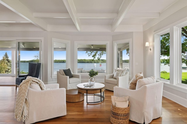 2462 Lafayette Rd, Minnetonka Beach, MN 55391 - sunroom with coffered ceiling, healthy amount of natural light, beamed ceiling, and a water view