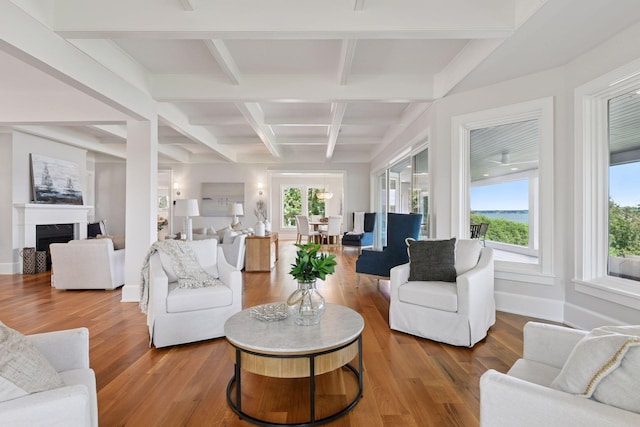 2462 Lafayette Rd, Minnetonka Beach, MN 55391 - living room with coffered ceiling, wood finished floors, beam ceiling, and a fireplace