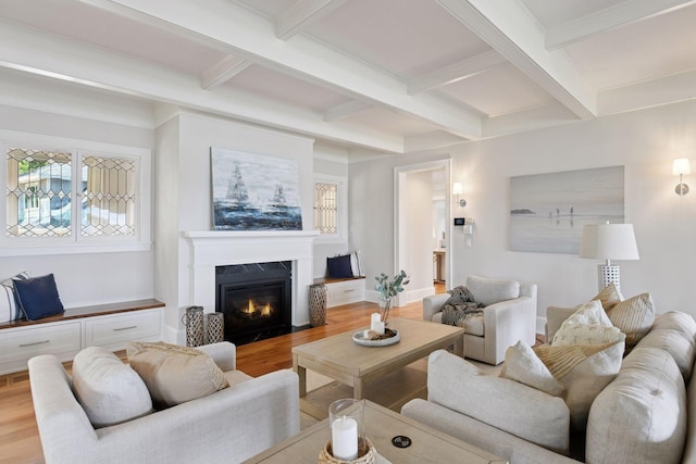 2462 Lafayette Rd, Minnetonka Beach, MN 55391 - living area featuring light wood-style floors, a fireplace with flush hearth, beamed ceiling, and coffered ceiling
