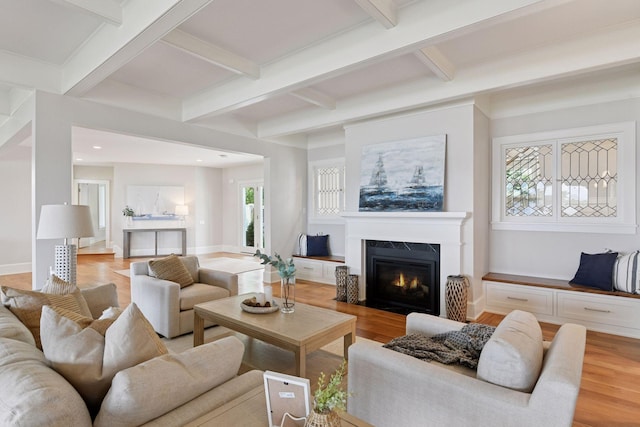 2462 Lafayette Rd, Minnetonka Beach, MN 55391 - living room featuring a fireplace with flush hearth, light wood-type flooring, beamed ceiling, recessed lighting, and coffered ceiling