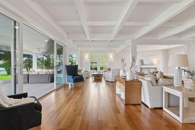 2462 Lafayette Rd, Minnetonka Beach, MN 55391 - living area with light wood finished floors, beam ceiling, and coffered ceiling