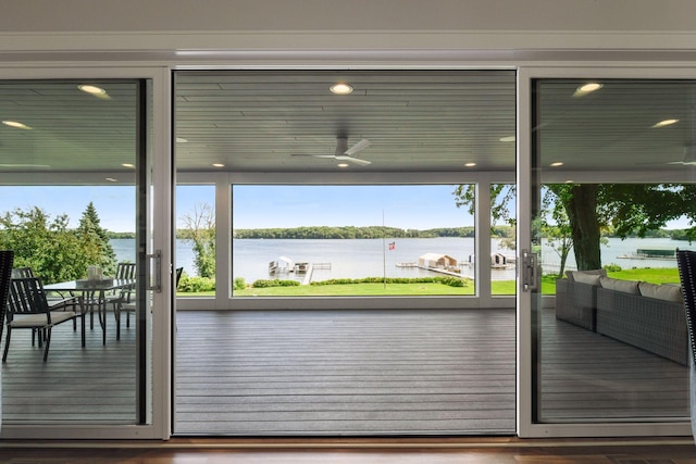 2462 Lafayette Rd, Minnetonka Beach, MN 55391 - doorway featuring a water view, ceiling fan, and wood finished floors