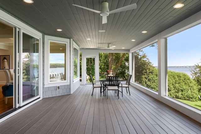 2462 Lafayette Rd, Minnetonka Beach, MN 55391 - sunroom with a water view, a ceiling fan, hardwood / wood-style floors, recessed lighting, and wooden ceiling