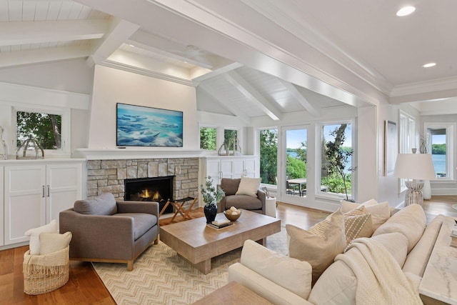 2462 Lafayette Rd, Minnetonka Beach, MN 55391 - living room featuring a fireplace, light wood-style flooring, and recessed lighting