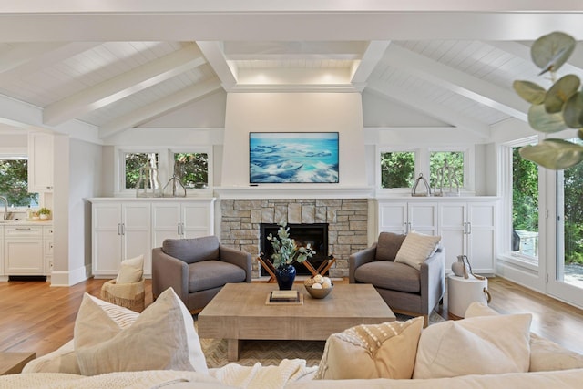 2462 Lafayette Rd, Minnetonka Beach, MN 55391 - living room featuring a stone fireplace and light wood finished floors