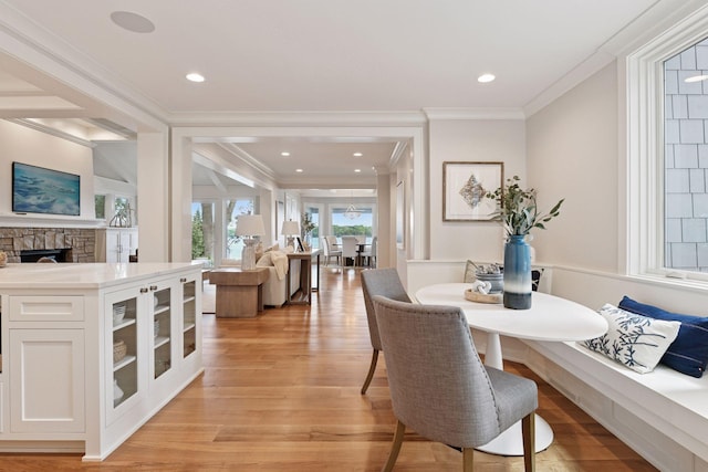2462 Lafayette Rd, Minnetonka Beach, MN 55391 - dining space featuring crown molding, light wood finished floors, and recessed lighting