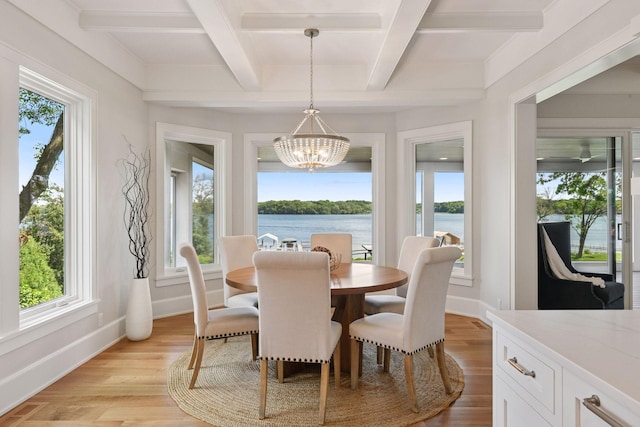 2462 Lafayette Rd, Minnetonka Beach, MN 55391 - dining room with a chandelier, coffered ceiling, light wood-style floors, beamed ceiling, and a water view