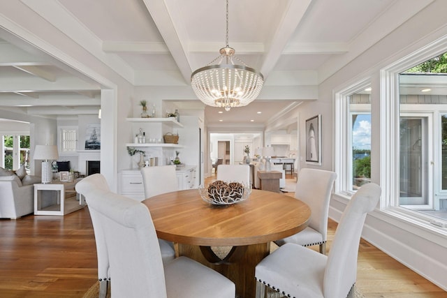 2462 Lafayette Rd, Minnetonka Beach, MN 55391 - dining area featuring coffered ceiling, a chandelier, plenty of natural light, beamed ceiling, and wood finished floors