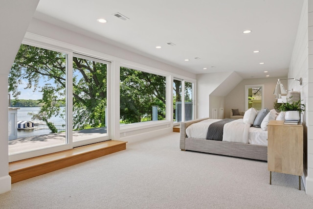 2462 Lafayette Rd, Minnetonka Beach, MN 55391 - bedroom featuring multiple windows, carpet flooring, a water view, and recessed lighting