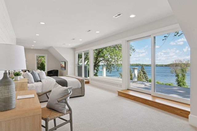 2462 Lafayette Rd, Minnetonka Beach, MN 55391 - bedroom featuring carpet flooring, access to outside, recessed lighting, and a water view