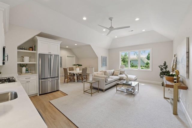 2462 Lafayette Rd, Minnetonka Beach, MN 55391 - living area with light wood finished floors, recessed lighting, lofted ceiling, and a ceiling fan