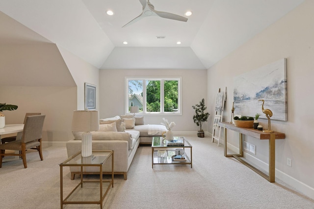 2462 Lafayette Rd, Minnetonka Beach, MN 55391 - carpeted living area with recessed lighting, ceiling fan, and lofted ceiling